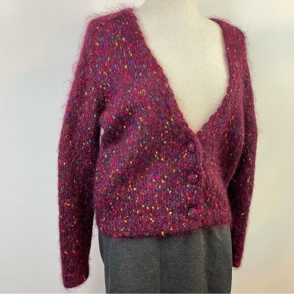 Vintage 90s Cape Isle Knitters Fuzzy Mohair Confetti Cardigan Sweater slouchy S - Picture 2 of 11